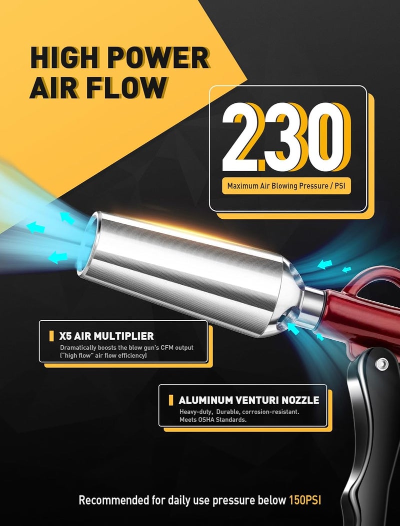 EVOULTES High Volume Air Blow Gun with Powerful Flow Nozzle, Retro Red Air Nozzle Blower Gun with 4.9" Stainless Steel Extension & 1/4'' Standard Quick Plug, Pneumatic Tool for Air Compressor Accessories - Image 4
